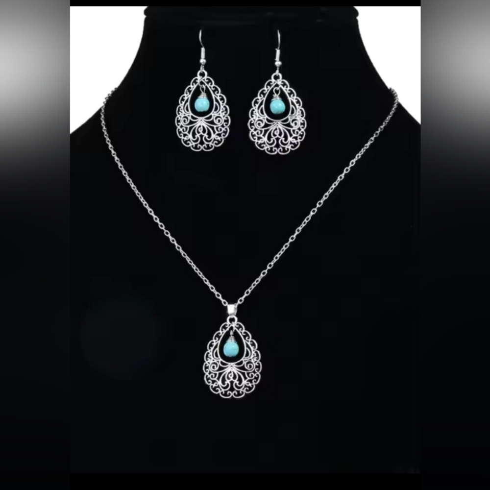 Turquoise Earrings Necklace Set Jewelry‎ Silver Women's New F80